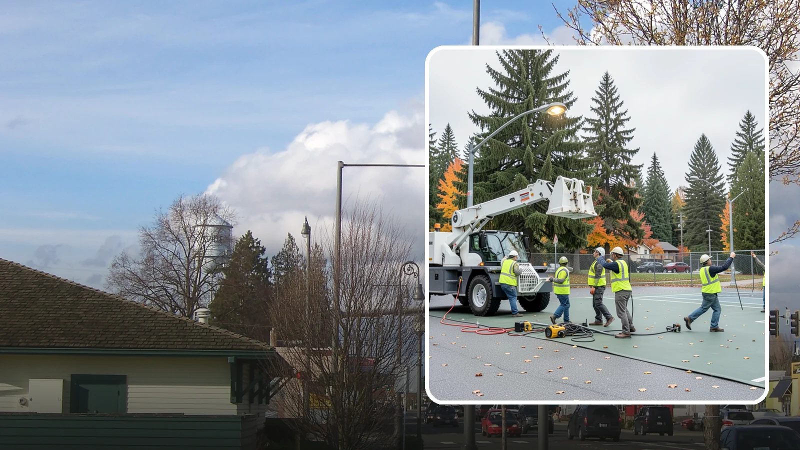 Court Lighting Installation in Marysville, Snohomish County, WA - LED court lighting installation that extends usable hours on public tennis, pickleball, and basketball courts.