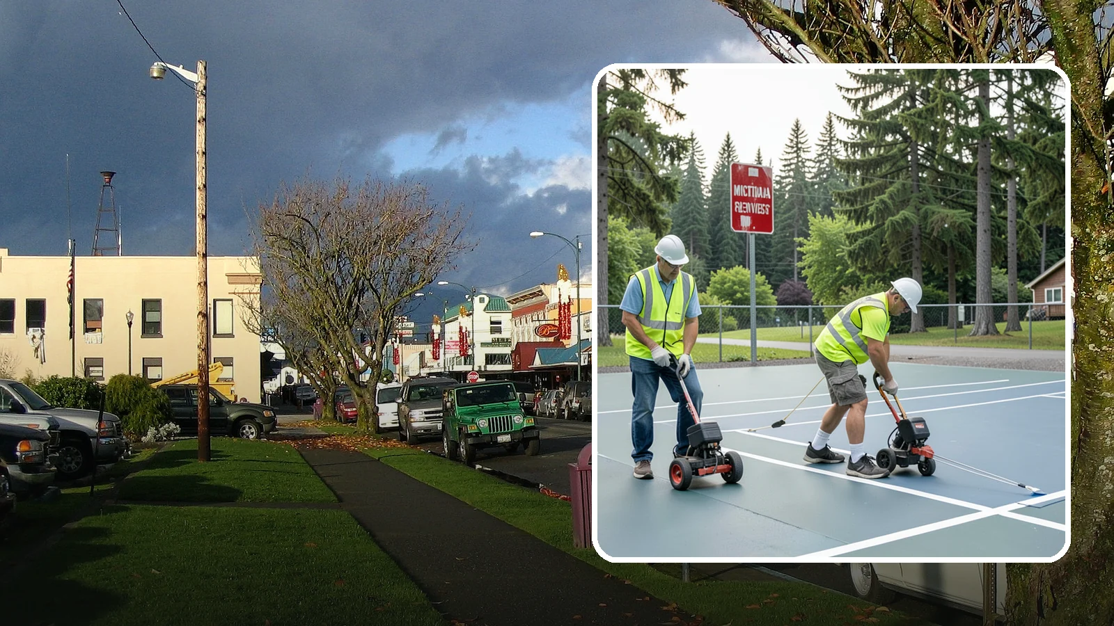Court Line Striping in Arlington, Snohomish County, WA - Precision line striping that lays out regulation play boundaries on public tennis, basketball, and multi-use courts.