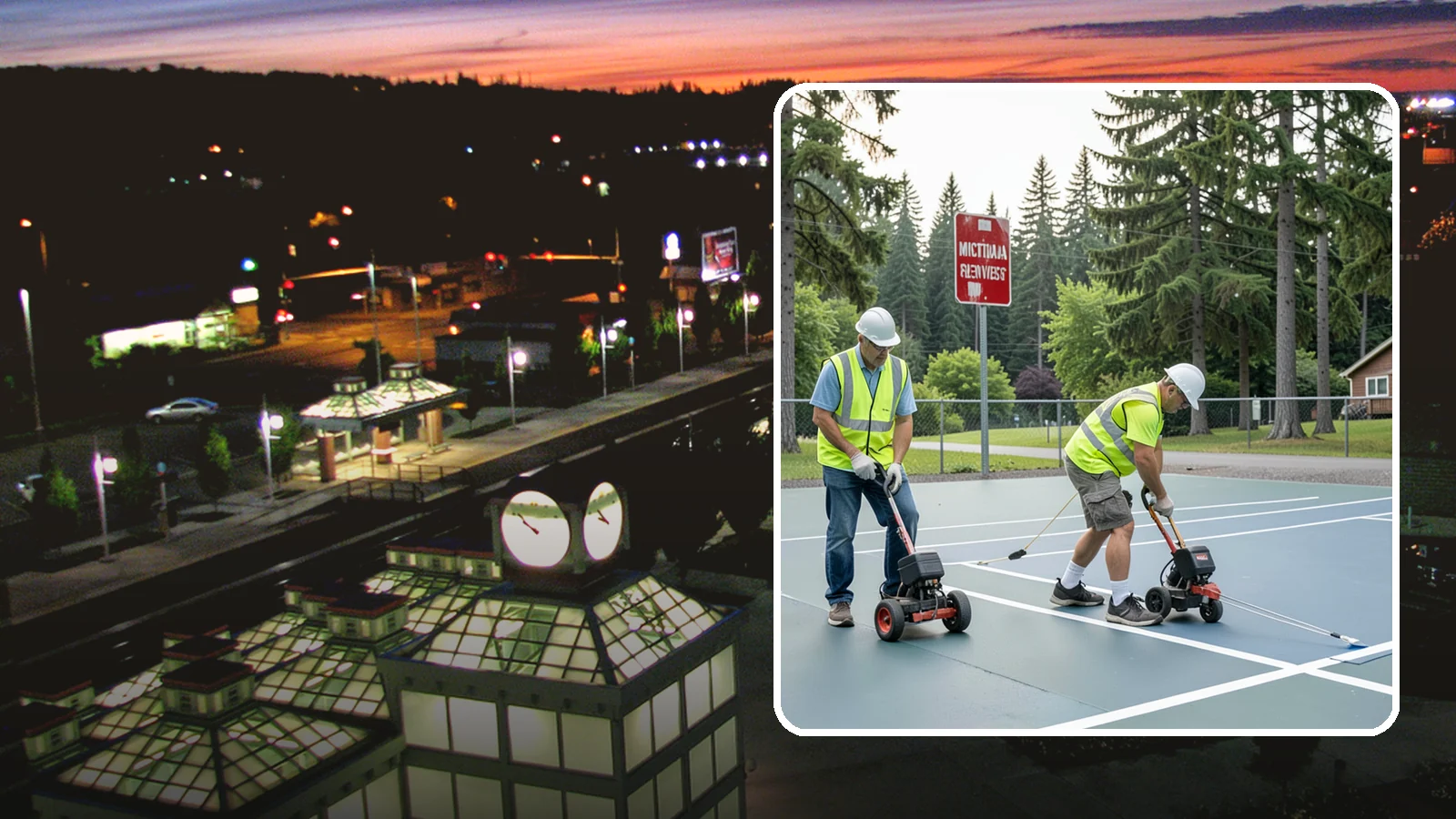 Court Line Striping in Auburn, King County, WA - Precision line striping that lays out regulation play boundaries on public tennis, basketball, and multi-use courts.
