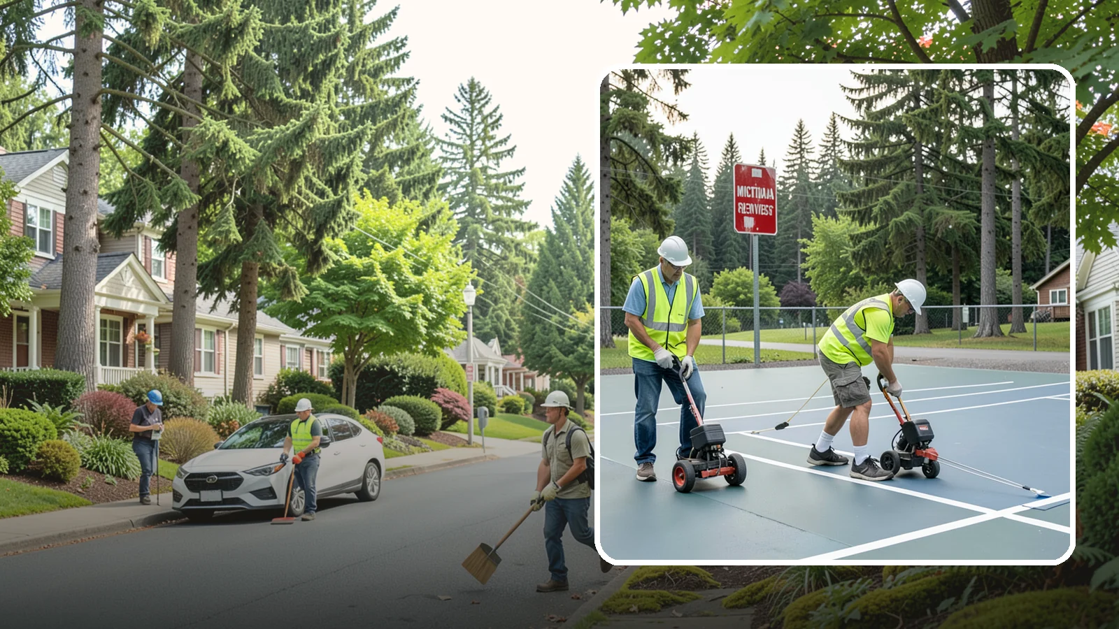 Court Line Striping in Beaux Arts Village, King County, WA - Precision line striping that lays out regulation play boundaries on public tennis, basketball, and multi-use courts.