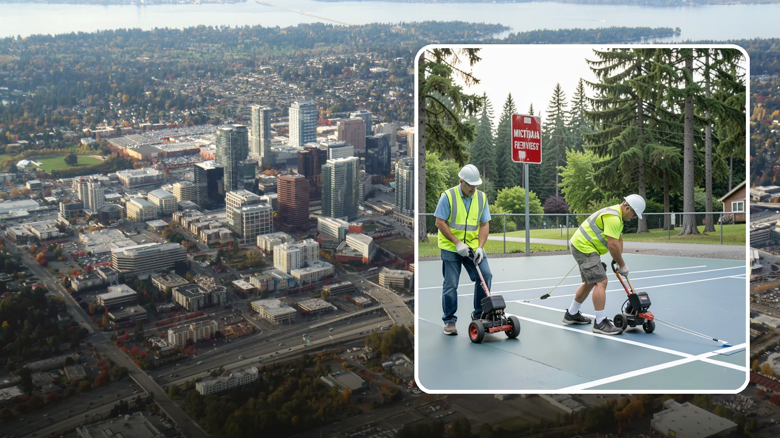 Court Line Striping in Bellevue, King County, WA - Precision line striping that lays out regulation play boundaries on public tennis, basketball, and multi-use courts.