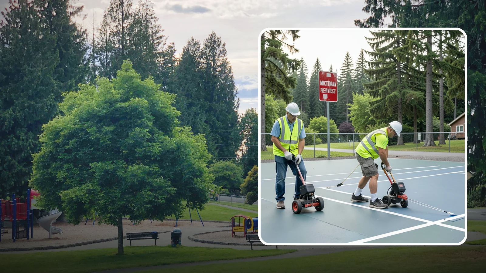 Court Line Striping in Bonney Lake, Pierce County, WA - Precision line striping that lays out regulation play boundaries on public tennis, basketball, and multi-use courts.
