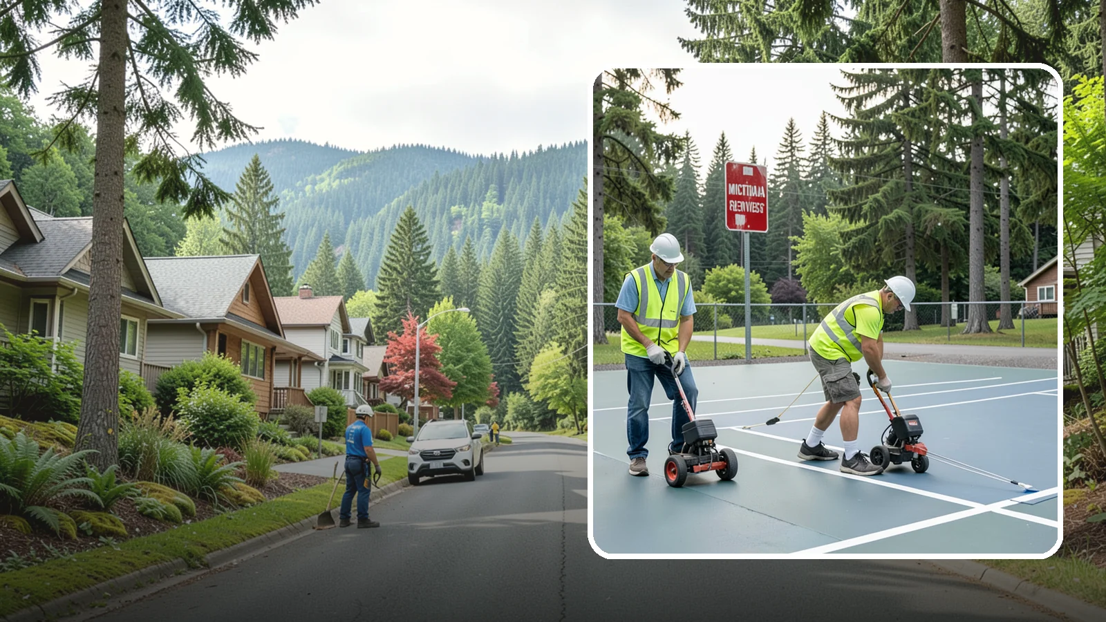Court Line Striping in Darrington, Snohomish County, WA - Precision line striping that lays out regulation play boundaries on public tennis, basketball, and multi-use courts.