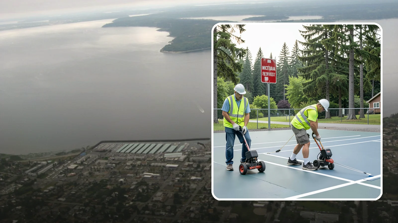 Court Line Striping in Des Moines, King County, WA - Precision line striping that lays out regulation play boundaries on public tennis, basketball, and multi-use courts.