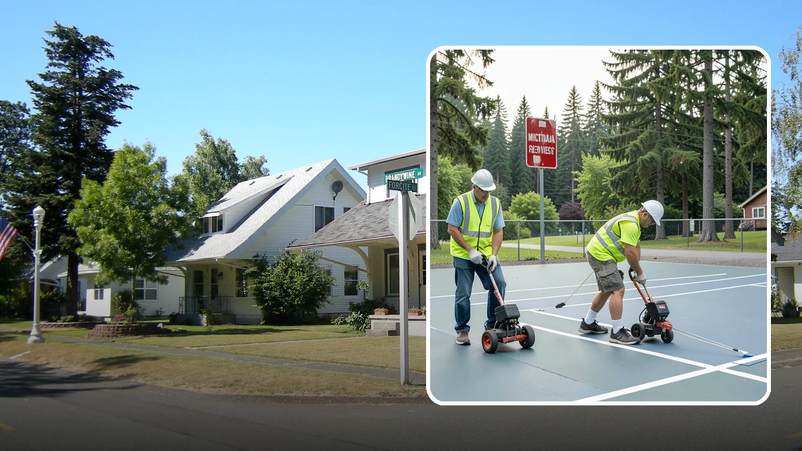 Court Line Striping in DuPont, Pierce County, WA - Precision line striping that lays out regulation play boundaries on public tennis, basketball, and multi-use courts.