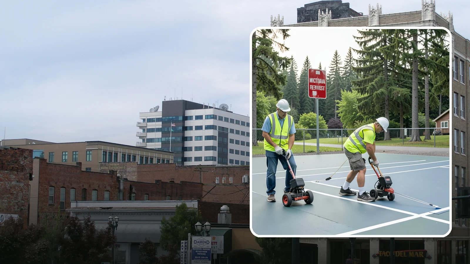 Court Line Striping in Everett, Snohomish County, WA - Precision line striping that lays out regulation play boundaries on public tennis, basketball, and multi-use courts.