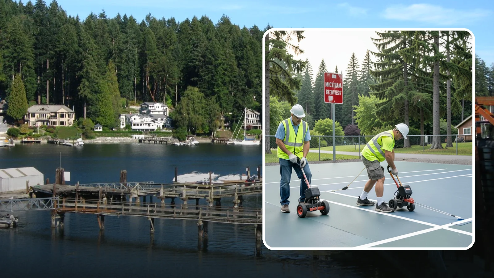 Court Line Striping in Gig Harbor, Pierce County, WA - Precision line striping that lays out regulation play boundaries on public tennis, basketball, and multi-use courts.