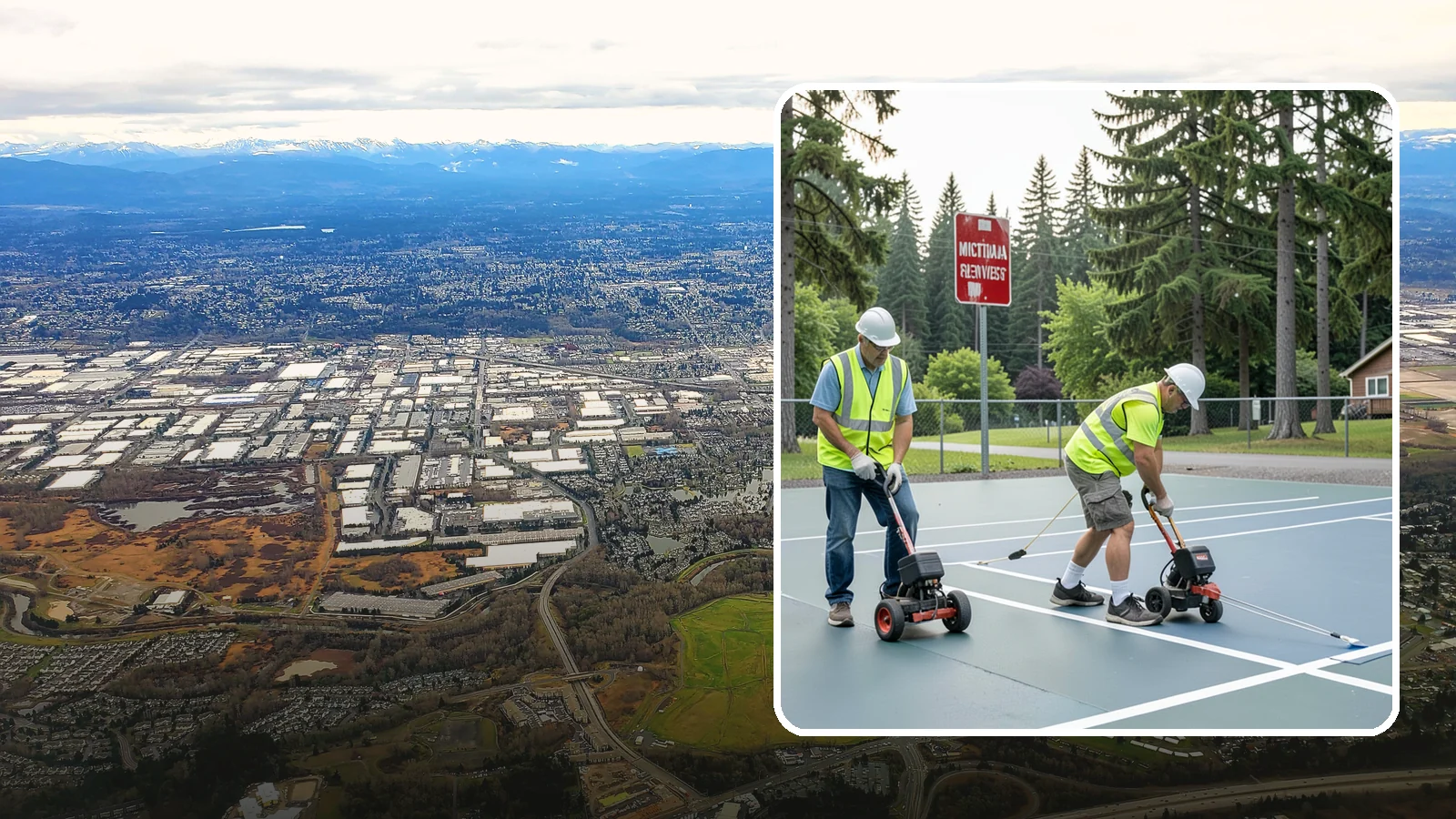 Court Line Striping in Kent, King County, WA - Precision line striping that lays out regulation play boundaries on public tennis, basketball, and multi-use courts.
