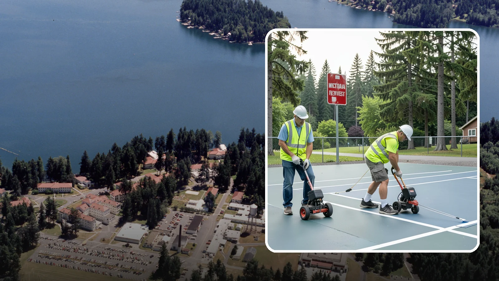 Court Line Striping in Lakewood, Pierce County, WA - Precision line striping that lays out regulation play boundaries on public tennis, basketball, and multi-use courts.