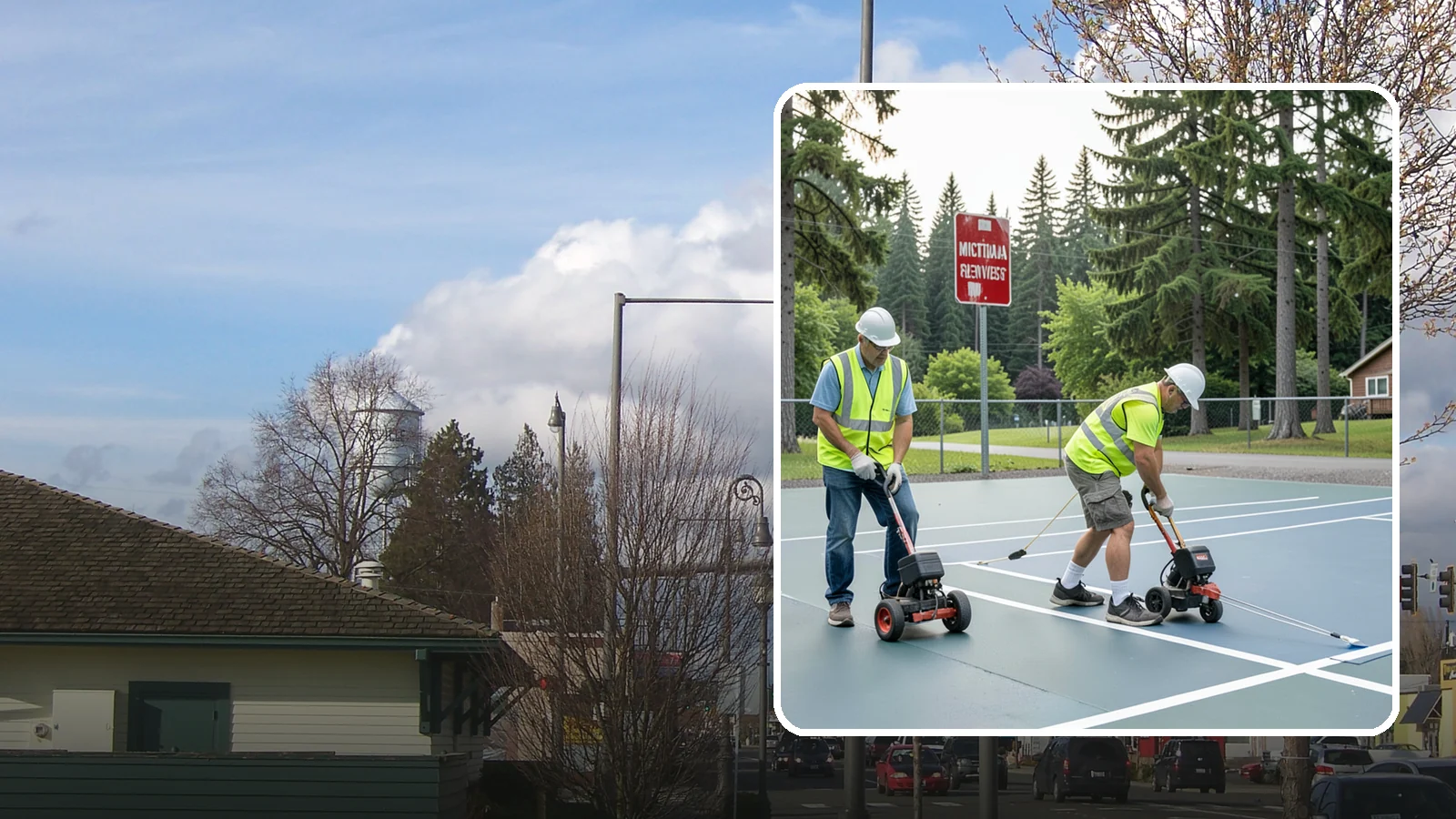 Court Line Striping in Marysville, Snohomish County, WA - Precision line striping that lays out regulation play boundaries on public tennis, basketball, and multi-use courts.
