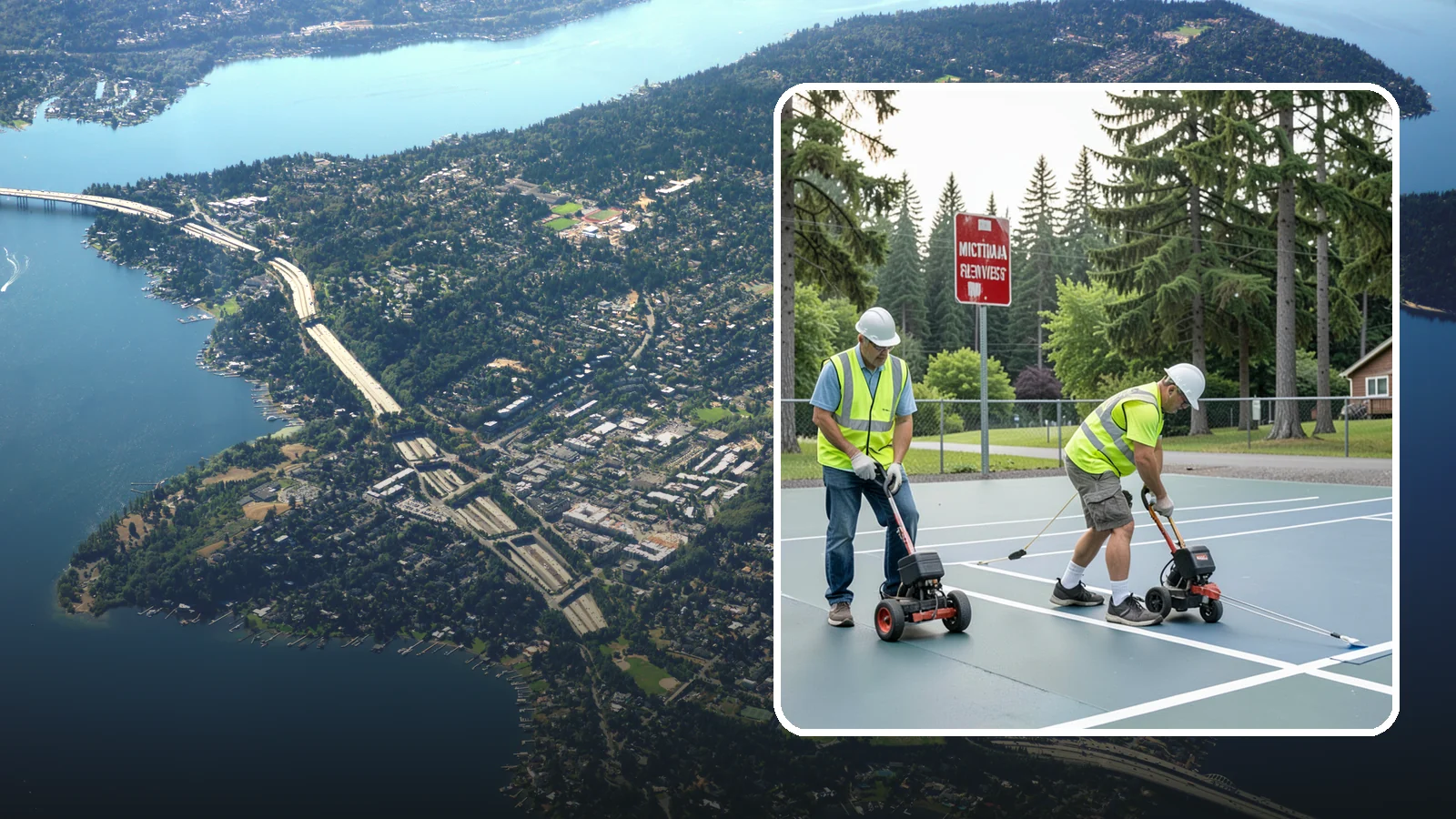 Court Line Striping in Mercer Island, King County, WA - Precision line striping that lays out regulation play boundaries on public tennis, basketball, and multi-use courts.