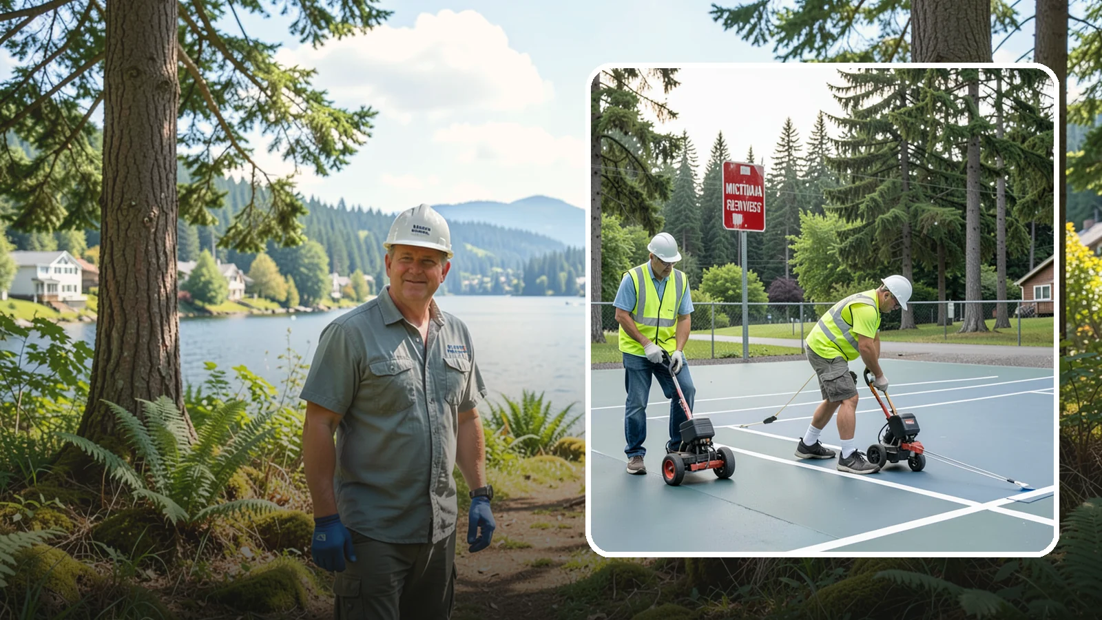 Court Line Striping in Milton, King County, WA - Precision line striping that lays out regulation play boundaries on public tennis, basketball, and multi-use courts.
