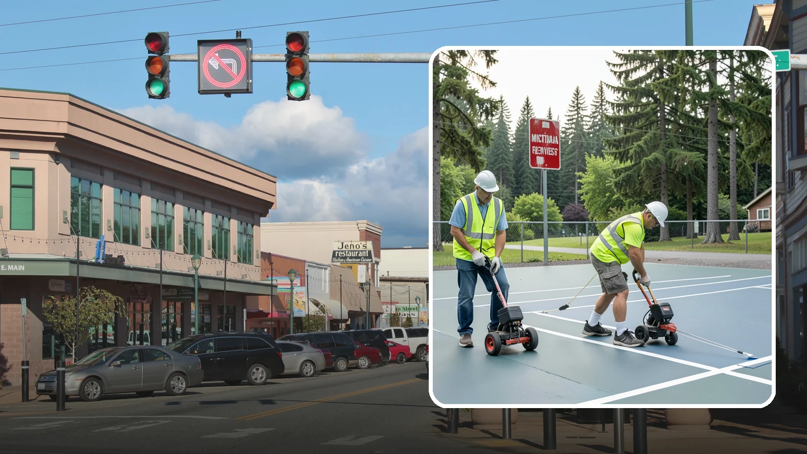 Court Line Striping in Monroe, Snohomish County, WA - Precision line striping that lays out regulation play boundaries on public tennis, basketball, and multi-use courts.