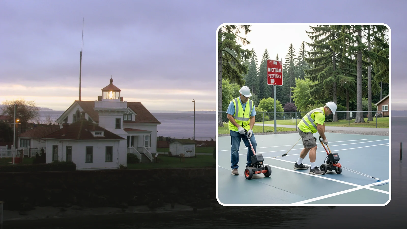 Court Line Striping in Mukilteo, Snohomish County, WA - Precision line striping that lays out regulation play boundaries on public tennis, basketball, and multi-use courts.