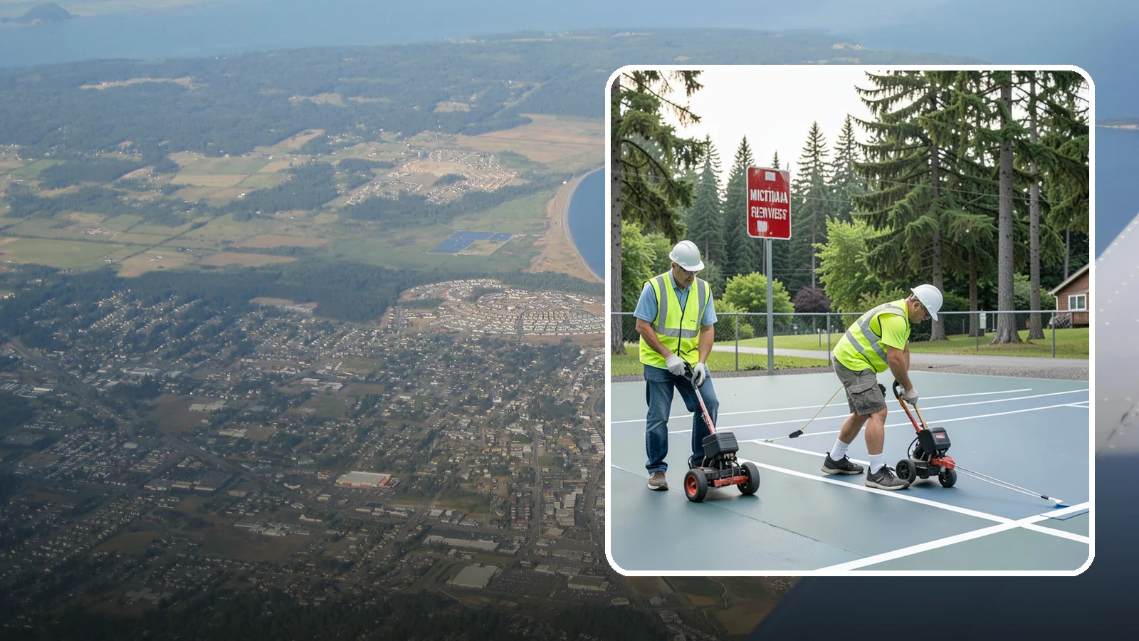 Court Line Striping in Oak Harbor, Island County, WA - Precision line striping that lays out regulation play boundaries on public tennis, basketball, and multi-use courts.