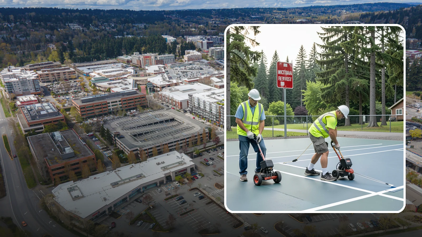 Court Line Striping in Redmond, King County, WA - Precision line striping that lays out regulation play boundaries on public tennis, basketball, and multi-use courts.