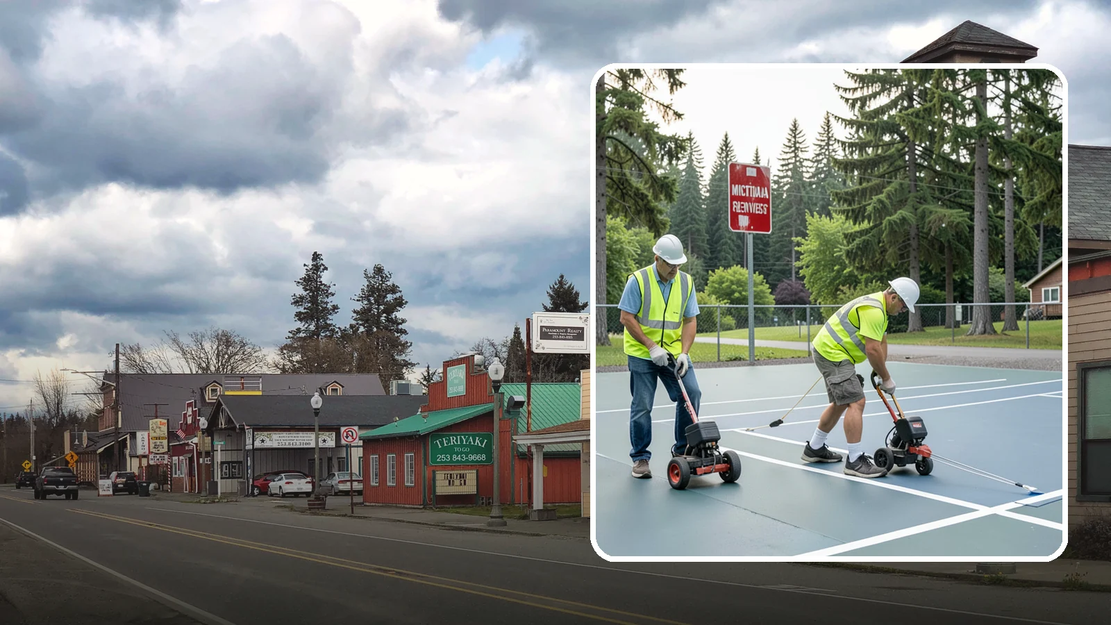 Court Line Striping in Roy, Pierce County, WA - Precision line striping that lays out regulation play boundaries on public tennis, basketball, and multi-use courts.