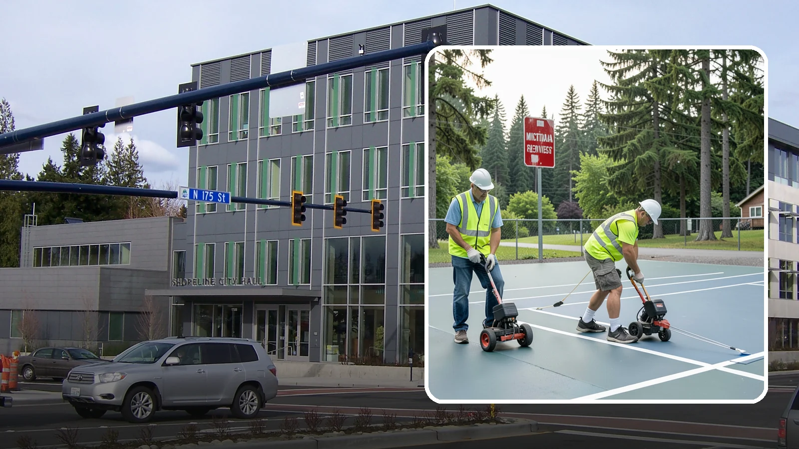 Court Line Striping in Shoreline, King County, WA - Precision line striping that lays out regulation play boundaries on public tennis, basketball, and multi-use courts.