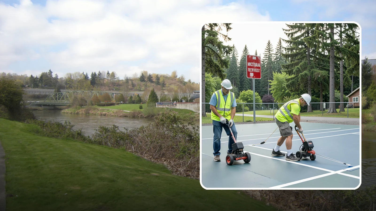 Court Line Striping in Tukwila, King County, WA - Precision line striping that lays out regulation play boundaries on public tennis, basketball, and multi-use courts.