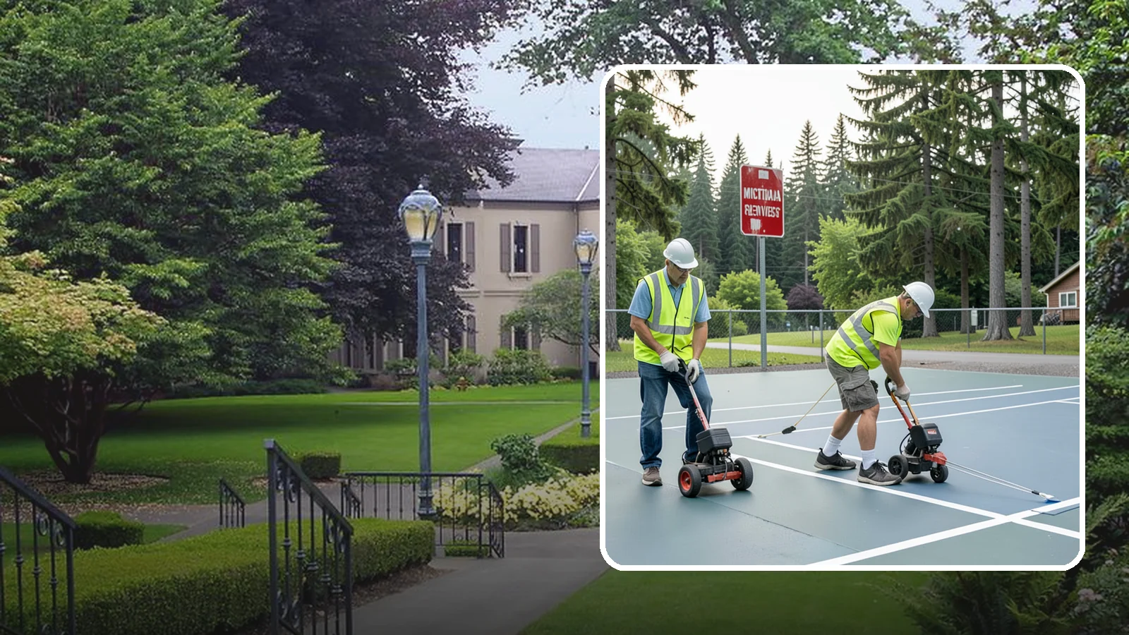 Court Line Striping in Woodinville, King County, WA - Precision line striping that lays out regulation play boundaries on public tennis, basketball, and multi-use courts.
