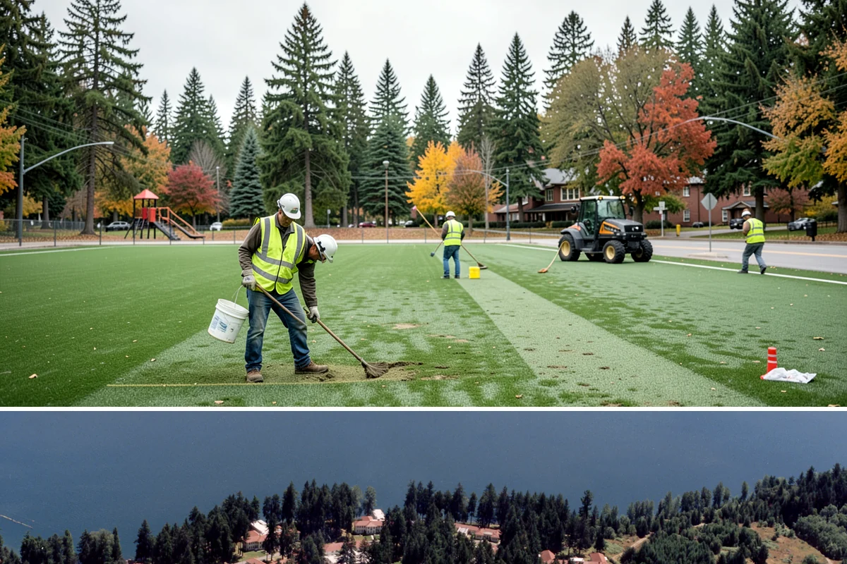 Court Net Post Installation in Lakewood, Pierce County, WA - Installation can proceed year-round, though dry conditions speed grout curing around new sleeves.