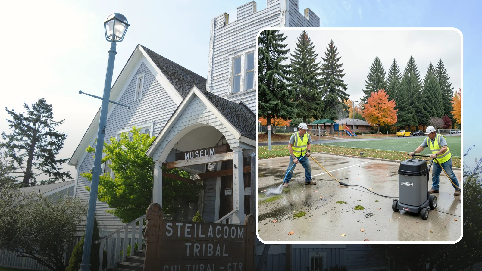 Court Pressure Washing in Steilacoom, Pierce County, WA - Targeted pressure washing that removes moss, algae, and grime from public sport court surfaces.