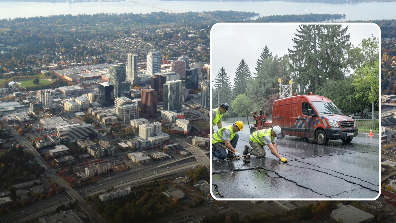 Crack Sealing in Bellevue, King County, WA - Timely crack sealing blocks water intrusion and extends the service life of public asphalt.