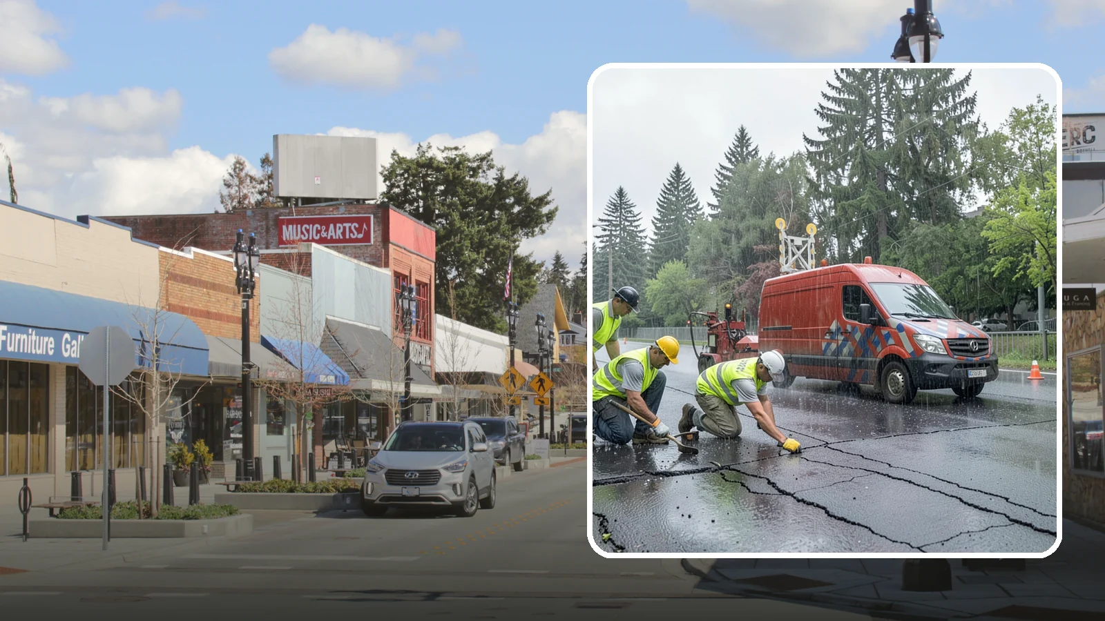 Crack Sealing in Bothell, King County, WA - Timely crack sealing blocks water intrusion and extends the service life of public asphalt.