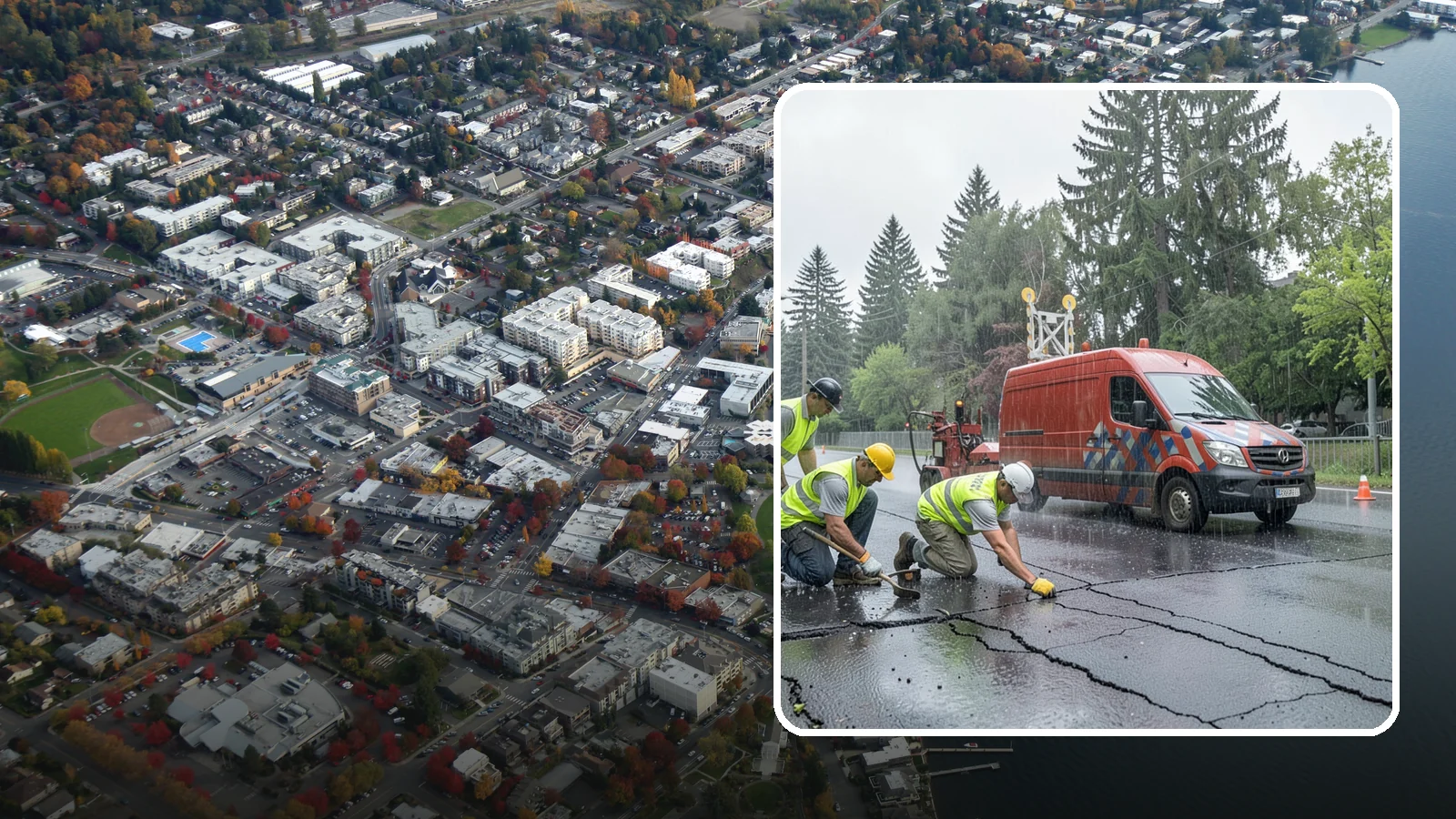 Crack Sealing in Kirkland, King County, WA - Timely crack sealing blocks water intrusion and extends the service life of public asphalt.