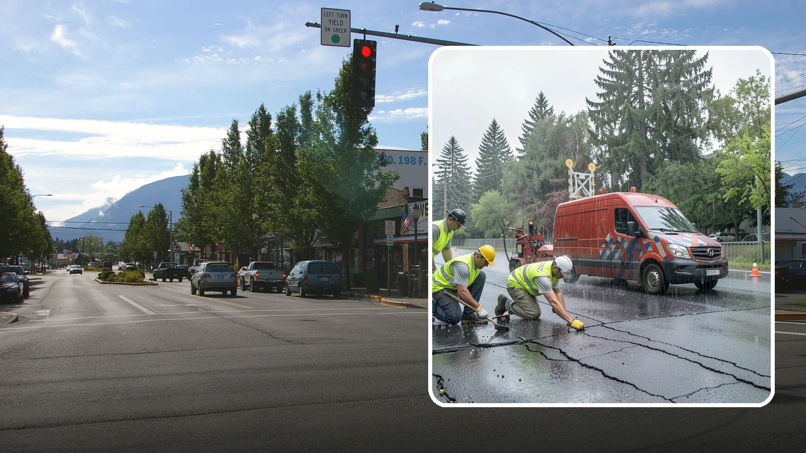 Crack Sealing in North Bend, King County, WA - Timely crack sealing blocks water intrusion and extends the service life of public asphalt.