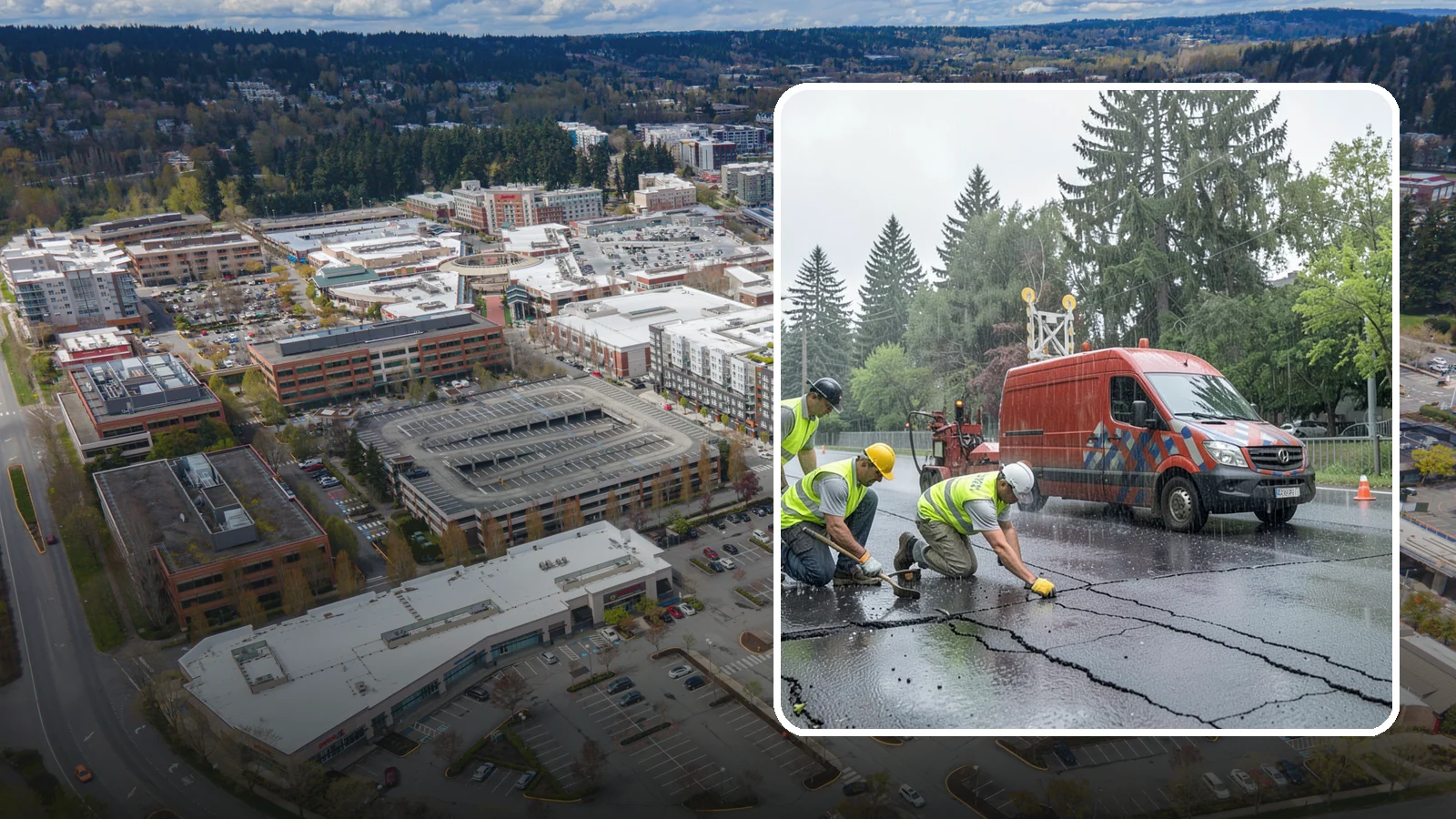 Crack Sealing in Redmond, King County, WA - Timely crack sealing blocks water intrusion and extends the service life of public asphalt.