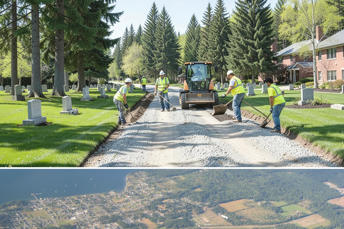 Crosswalk Painting in Coupeville, Island County, WA - Crews prioritize crosswalk work in late summer ahead of the back-to-school surge in pedestrian activity.