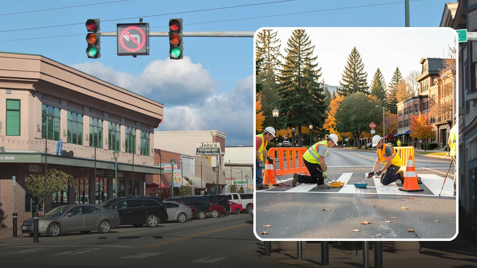 Crosswalk Painting in Monroe, Snohomish County, WA - High-visibility crosswalk markings improve pedestrian safety at public intersections and school zones.