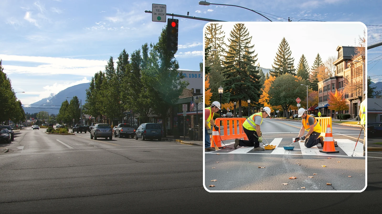 Crosswalk Painting in North Bend, King County, WA - High-visibility crosswalk markings improve pedestrian safety at public intersections and school zones.