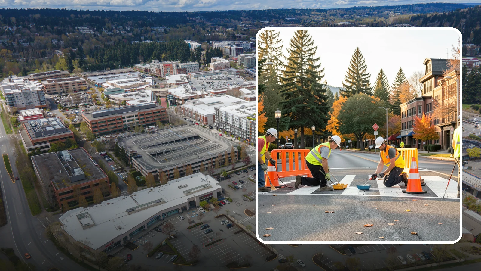 Crosswalk Painting in Redmond, King County, WA - High-visibility crosswalk markings improve pedestrian safety at public intersections and school zones.