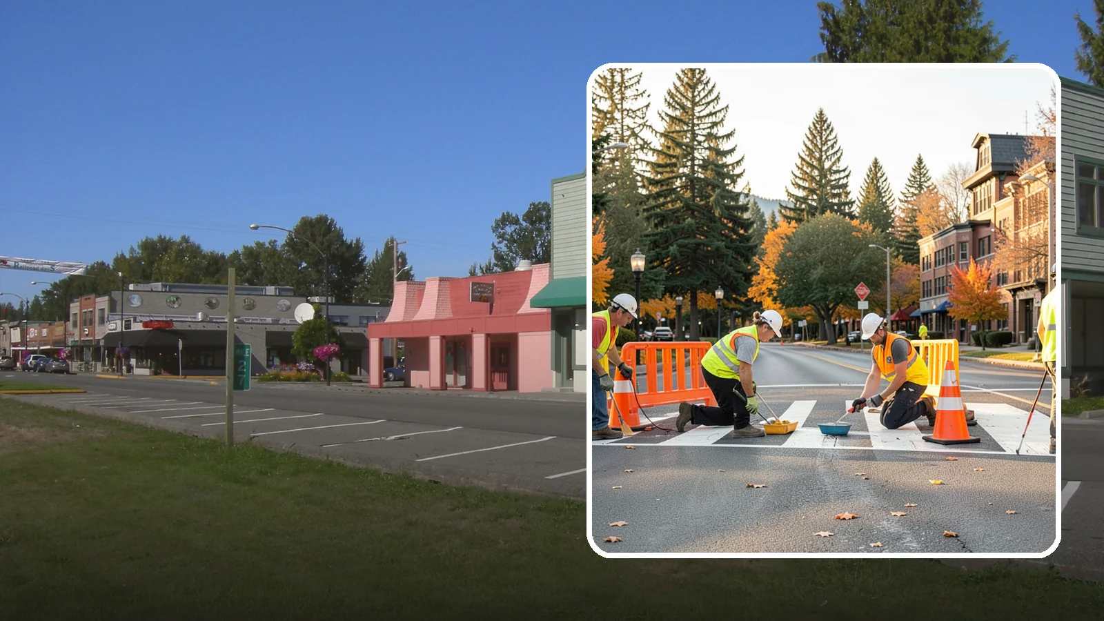 Crosswalk Painting in Snoqualmie, King County, WA - High-visibility crosswalk markings improve pedestrian safety at public intersections and school zones.