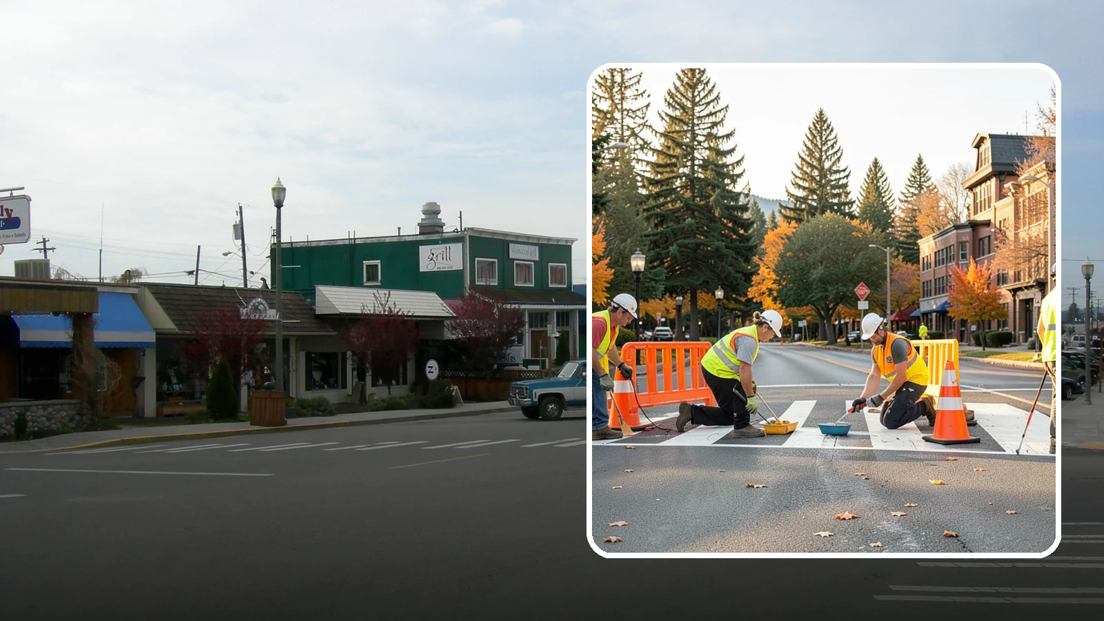 Crosswalk Painting in Stanwood, Snohomish County, WA - High-visibility crosswalk markings improve pedestrian safety at public intersections and school zones.