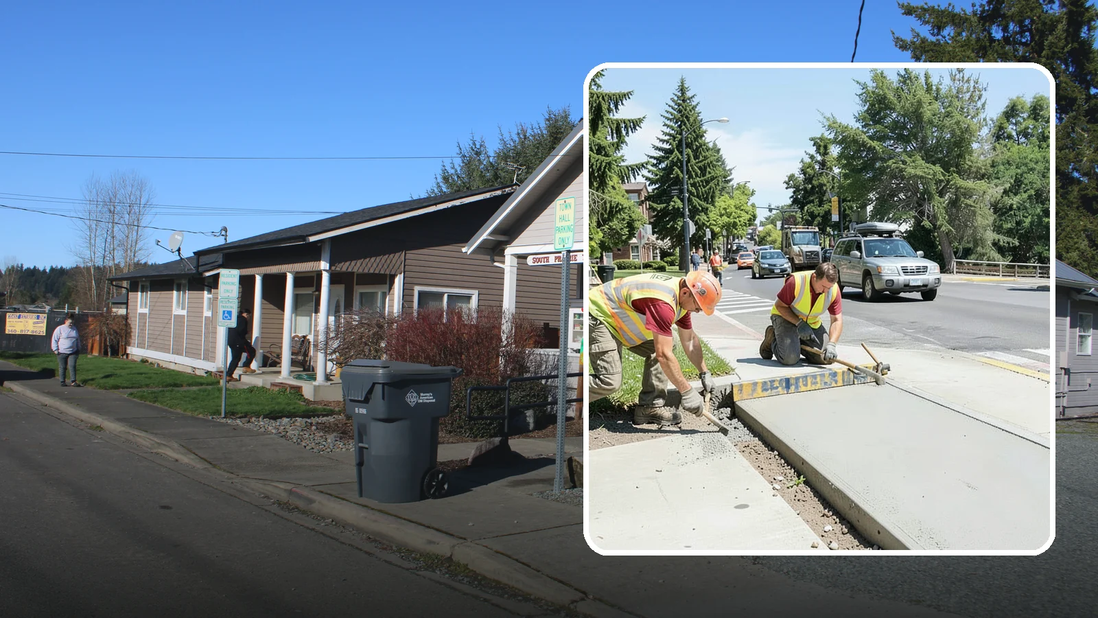 Curb Ramp Construction in South Prairie, Pierce County, WA - ADA-compliant curb ramp construction that brings pedestrian crossings into current PROWAG and city standard conformance.