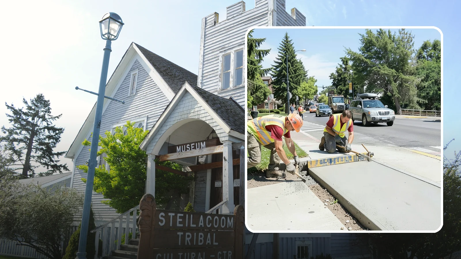 Curb Ramp Construction in Steilacoom, Pierce County, WA - ADA-compliant curb ramp construction that brings pedestrian crossings into current PROWAG and city standard conformance.