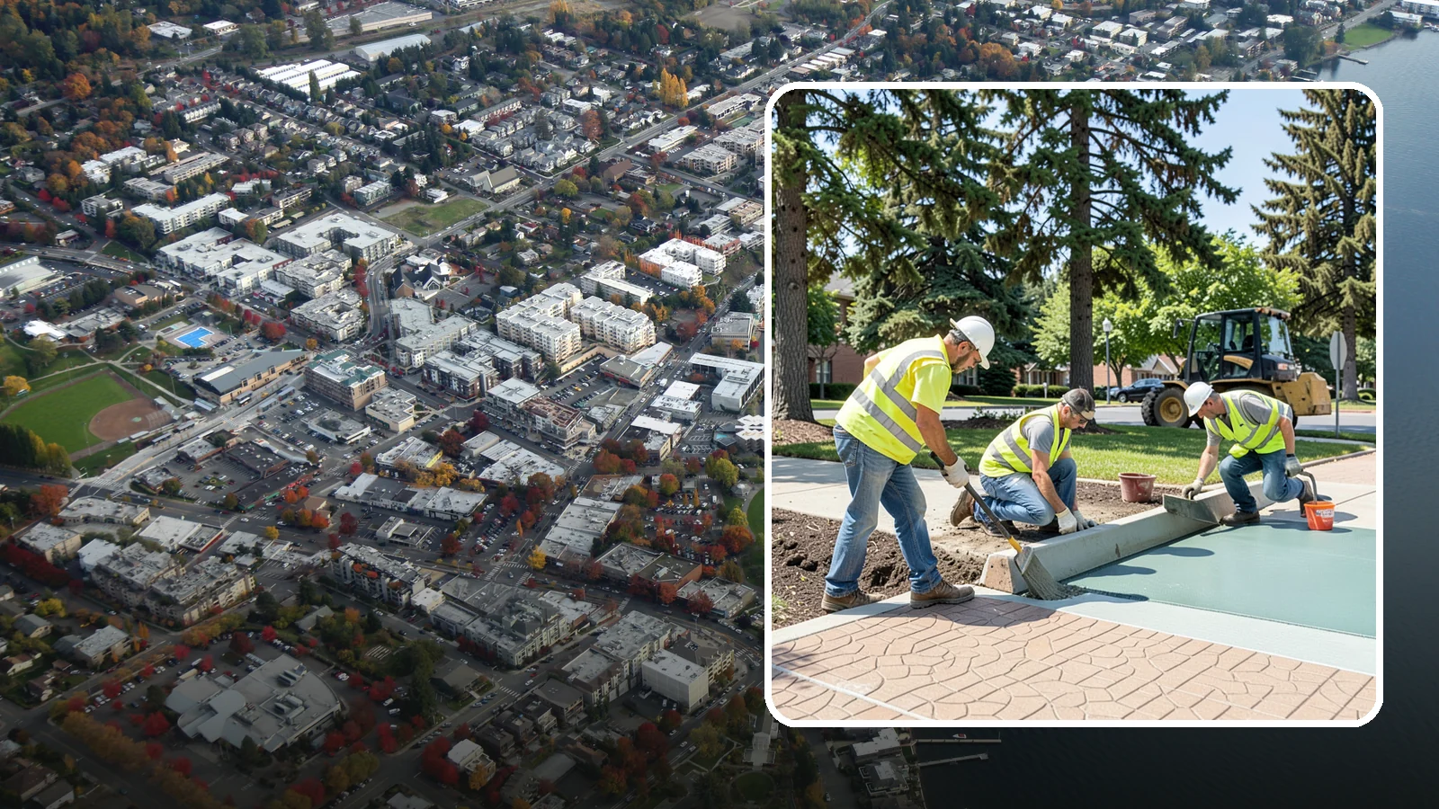 Decorative Concrete in Kirkland, King County, WA - We install stamped, colored, and exposed-aggregate concrete for plazas, crosswalks, and civic gathering spaces.