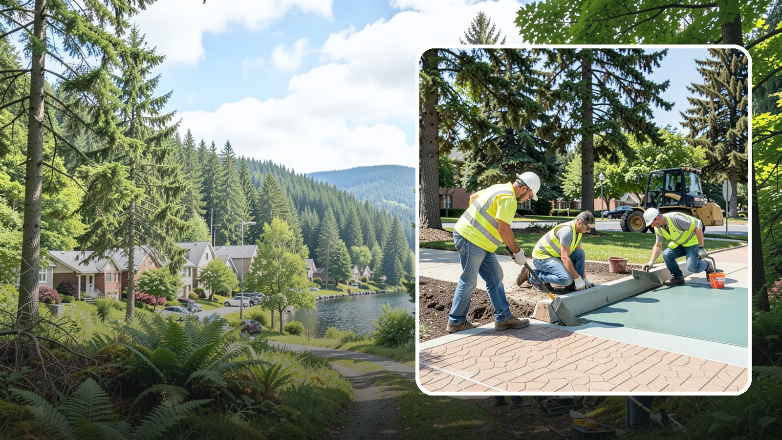 Decorative Concrete in Lake Forest Park, King County, WA - We install stamped, colored, and exposed-aggregate concrete for plazas, crosswalks, and civic gathering spaces.