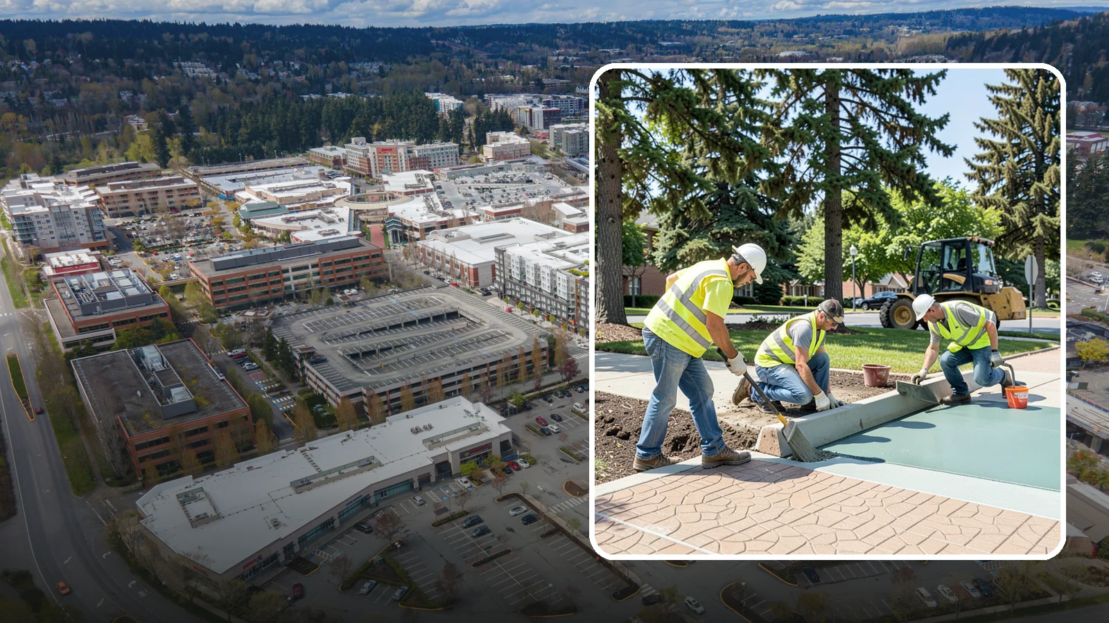 Decorative Concrete in Redmond, King County, WA - We install stamped, colored, and exposed-aggregate concrete for plazas, crosswalks, and civic gathering spaces.