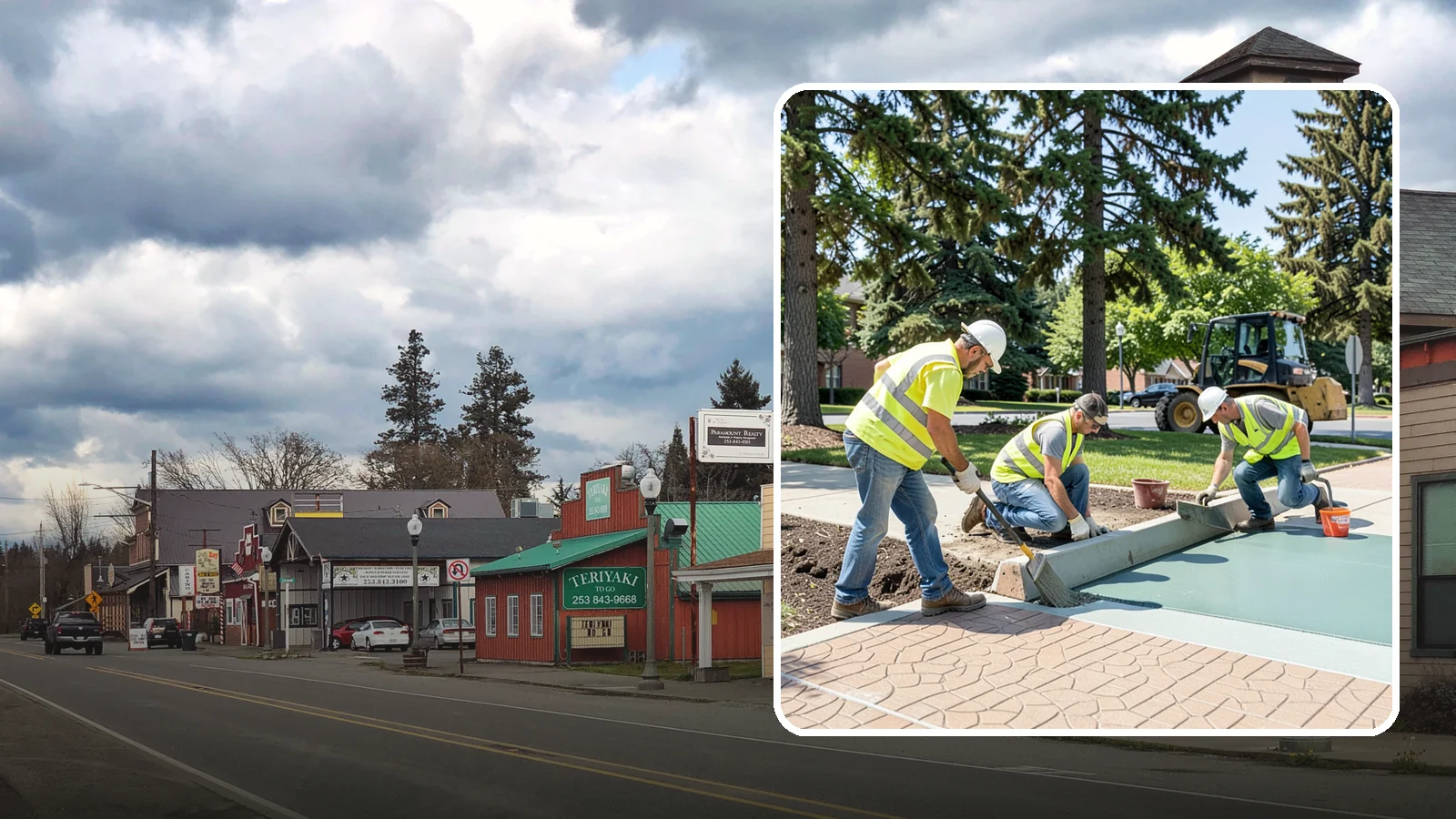 Decorative Concrete in Roy, Pierce County, WA - We install stamped, colored, and exposed-aggregate concrete for plazas, crosswalks, and civic gathering spaces.