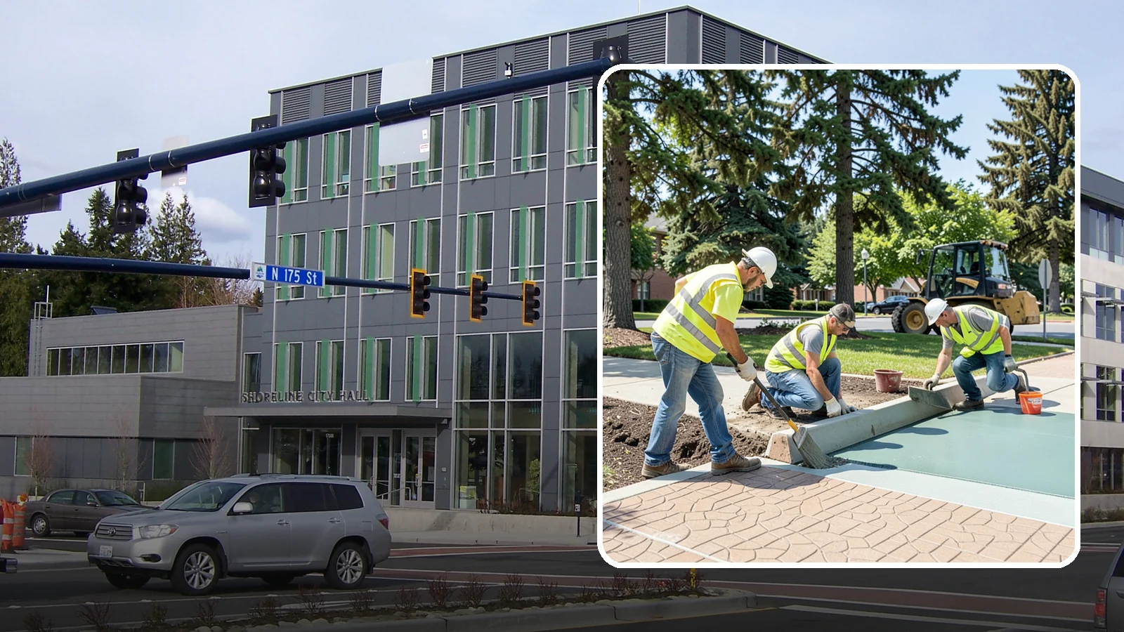 Decorative Concrete in Shoreline, King County, WA - We install stamped, colored, and exposed-aggregate concrete for plazas, crosswalks, and civic gathering spaces.