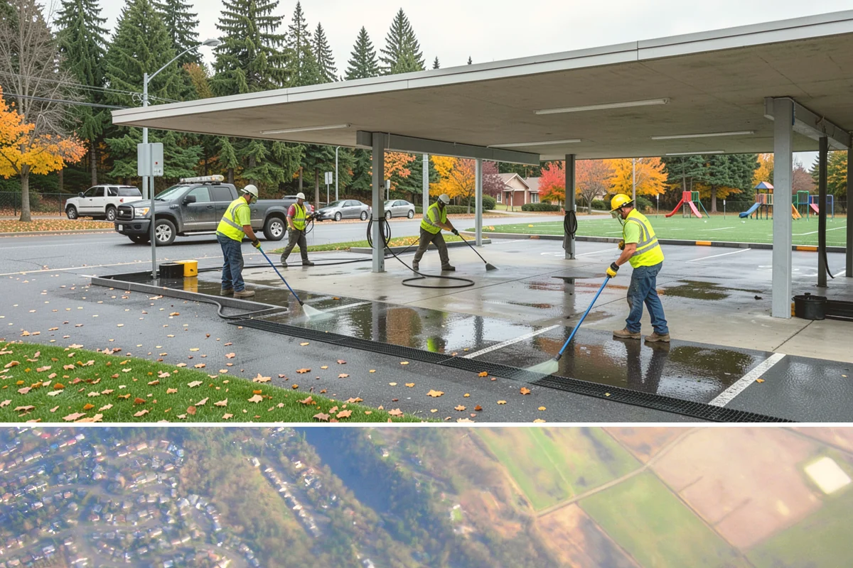 Detention Pond Maintenance in Algona, King County, WA - Mowing and vegetation work occur in the dry summer months, while inlet and outlet inspections increase through the winter storm...