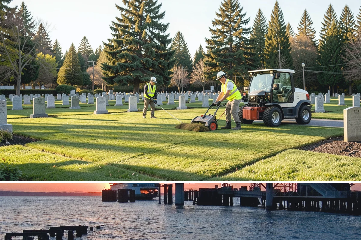 Detention Pond Maintenance in Edmonds, Snohomish County, WA - Mowing and vegetation work occur in the dry summer months, while inlet and outlet inspections increase through the winter storm...