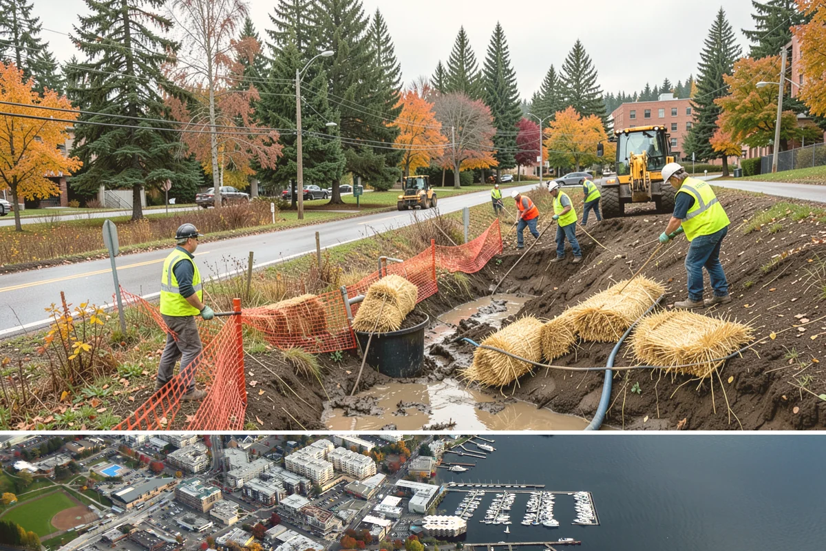 Detention Pond Maintenance in Kirkland, King County, WA - Mowing and vegetation work occur in the dry summer months, while inlet and outlet inspections increase through the winter storm...