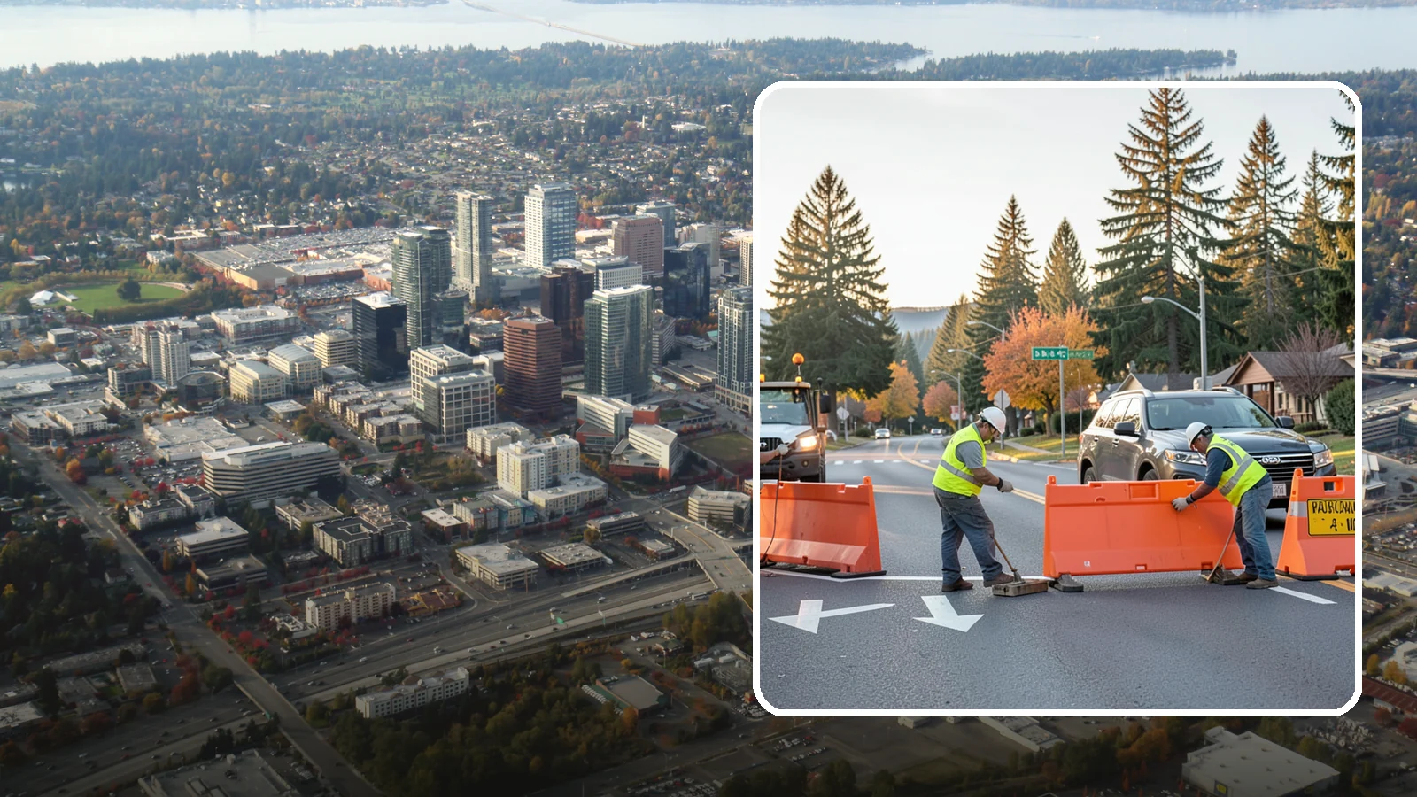 Detour Signage Setup in Bellevue, King County, WA - Detour signage setup routes the traveling public safely around road closures and construction.