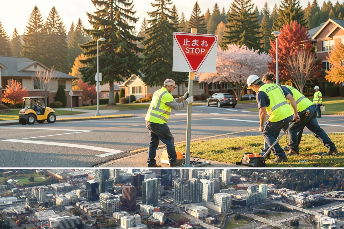 Detour Signage Setup in Bellevue, King County, WA - Detour signing accompanies the summer roadwork season and is deployed rapidly for winter storm closures.