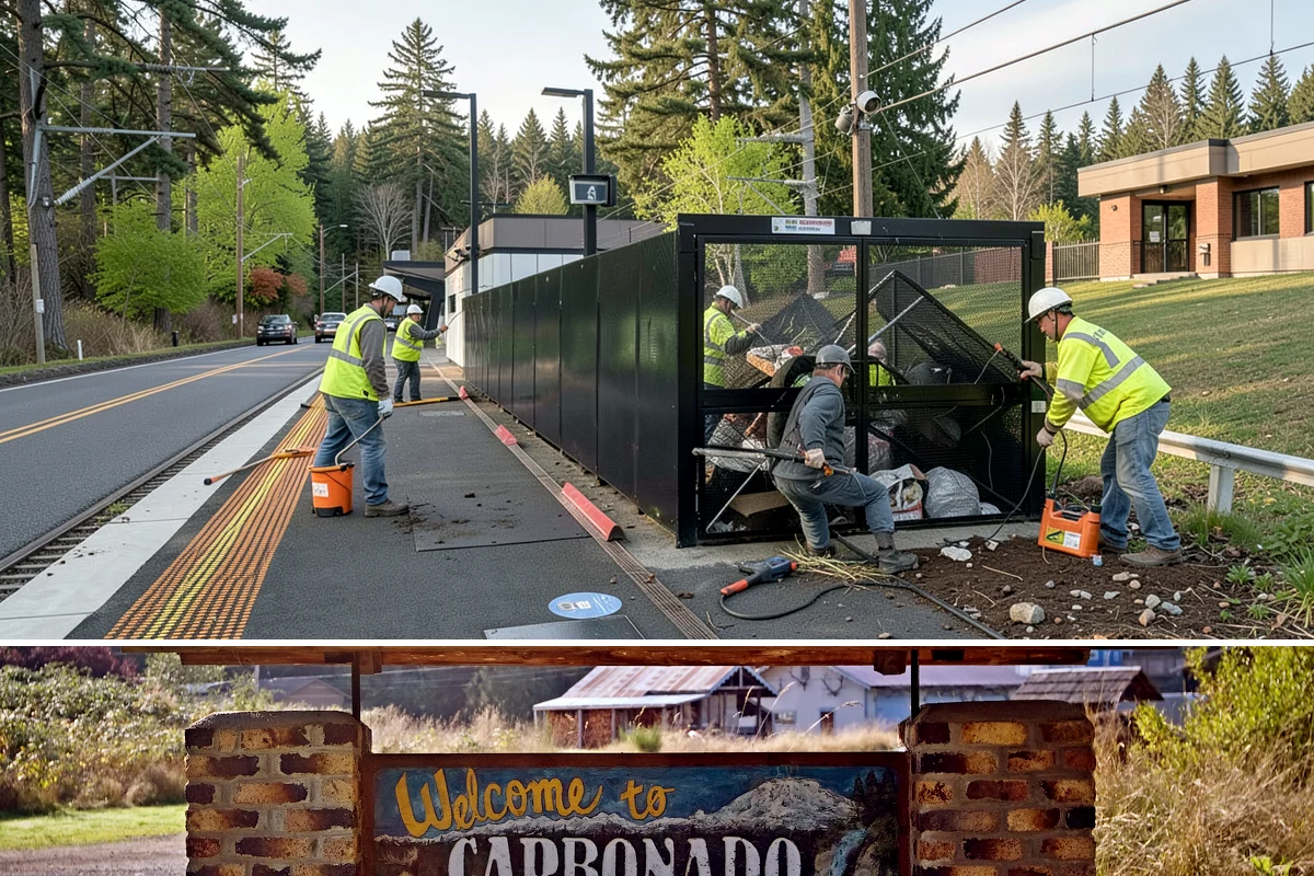 Detour Signage Setup in Carbonado, Pierce County, WA - Detour signing accompanies the summer roadwork season and is deployed rapidly for winter storm closures.